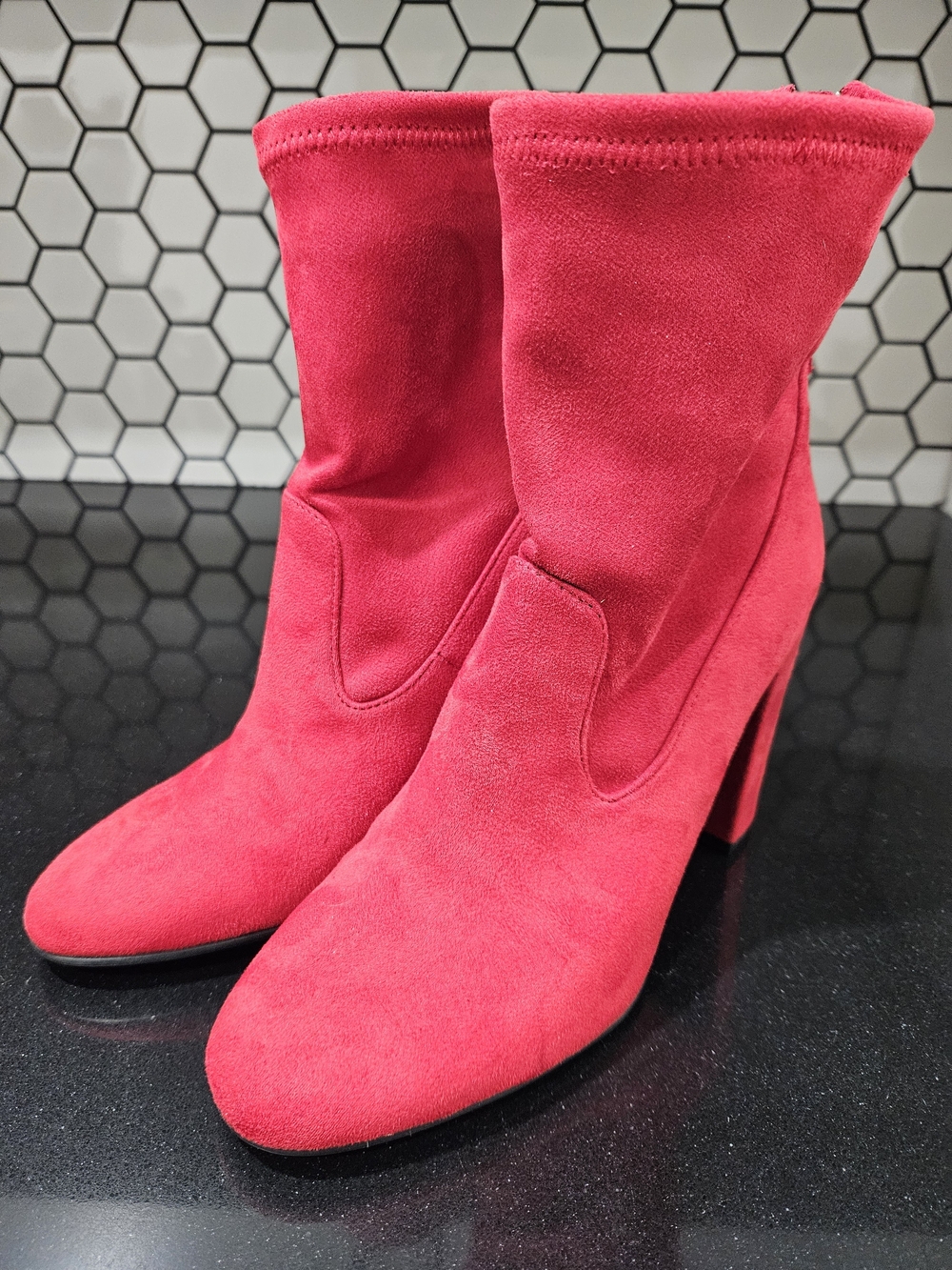 Women's Red Block Heel Mid-Calf Boots